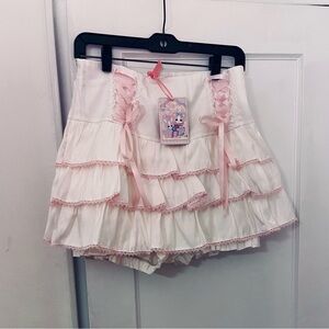NWT - Kawaii Tiered Lace Up Cake Mini Skirt White & Pink - L